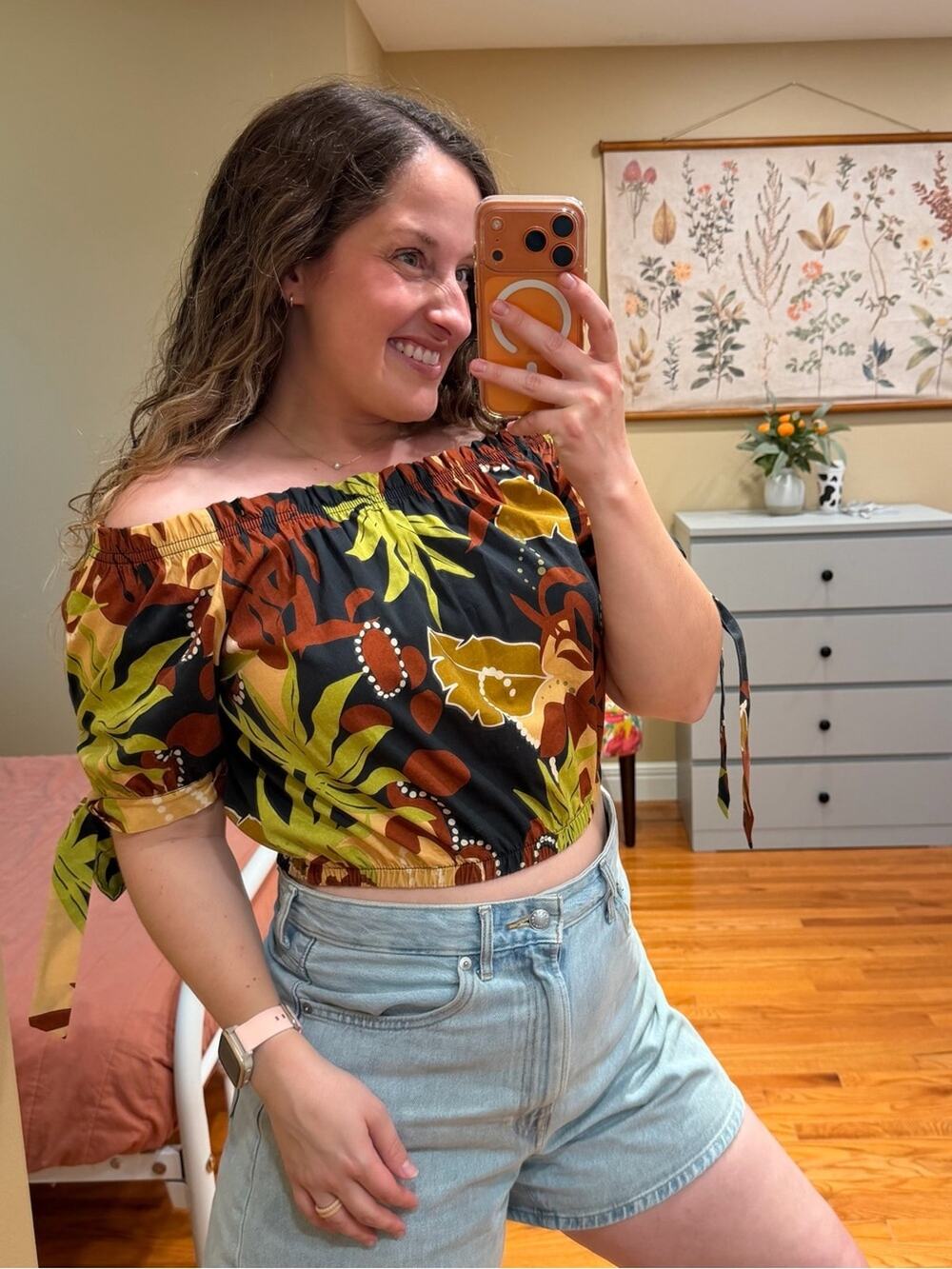 Tuckernuck Conbipel Off-Shoulder Floral Crop Black Earth Tones Cotton Small